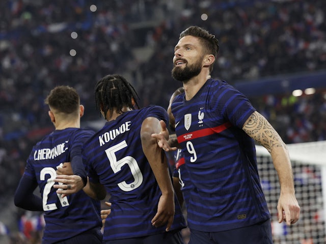 France's Olivier Giroud celebrates scoring their first goal on March 25, 2022