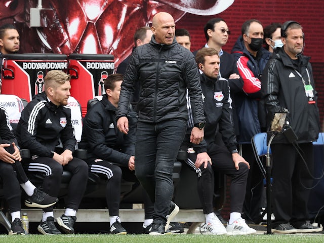 New York Red Bulls head coach Gerhard Struber coaches during the first half against the Columbus Crew at Red Bull Arena on March 20, 2022