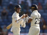 England's Jack Leach and Saqib Mahmood during last-wicket partnership against West Indies on March 24, 2022.