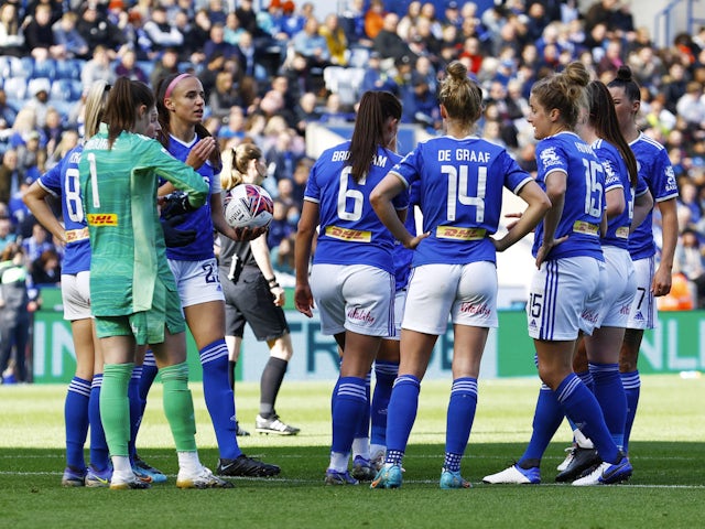 The Leicester City Women's team of players gathers after Chelsea scored their third goal on 27 March 2022