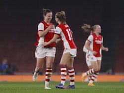 Arsenal Women's Lotte Wubben-Moy celebrates scoring their first goal with teammate on March 23, 2022