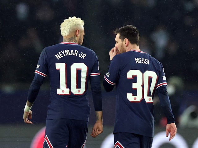 Paris Saint-Germain's Neymar and Lionel Messi pictured on February 15, 2022