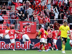 New York Red Bulls midfielder Aaron Long (33) celebrates a goal against the Columbus Crew with teammates during the second half at Red Bull Arena on March 20, 2022