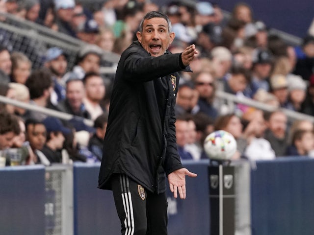 Real Salt Lake head coach Pablo Mastroeni reacts during the first half against Sporting Kansas City at Children's Mercy Park on March 26, 2022