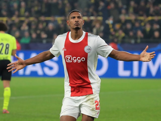 Ajax's Sebastien Haller celebrates scoring their second goal on November 3, 2021