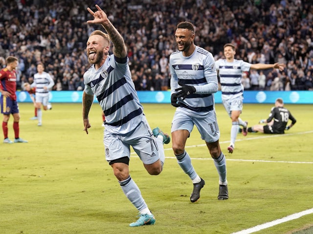 Sporting Kansas City forward Johnny Russell (7) celebrates after scoring against Real Salt Lake in the second half at Children's Mercy Park on March 26, 2022