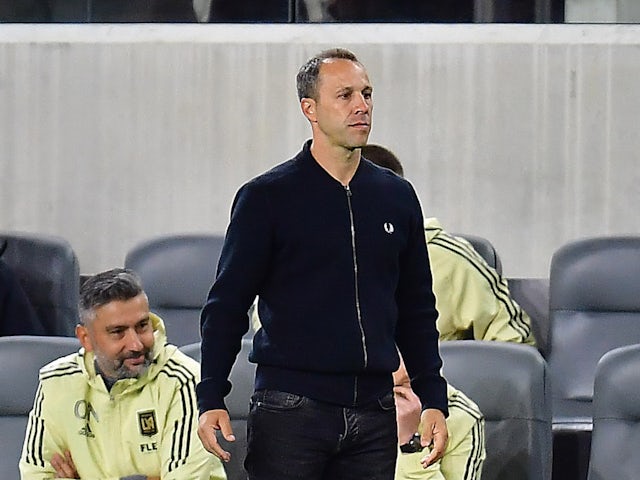 Los Angeles FC head coach Steve Cherundolo watches the second half of the game against the Vancouver Whitecaps at Banc of California Stadium on March 20, 2022