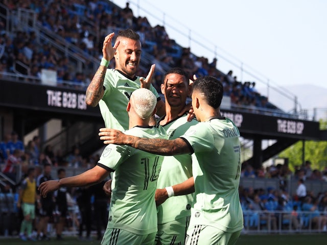 Austin FC forward Maximiliano Urruti, 37, celebrates with his teammates after scoring a goal in the first half of the San Jose Earthquakes on April 2, 2022 at Paypal Park.