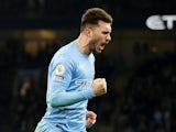 Manchester City's Aymeric Laporte celebrates scoring their fifth goal on December 26, 2021