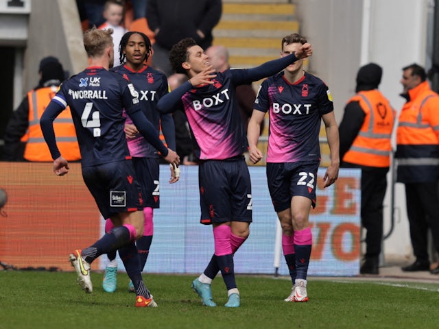 Nottingham Forest's Brennan Johnson celebrates scoring their third goal with teammates on April 2, 2022