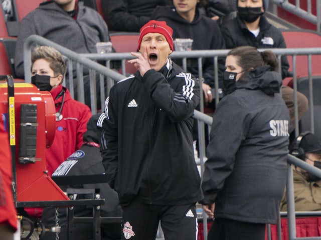 Toronto FC head coach Bob Bradley calls out his team during the second half against New York City FC at BMO Field on April 2, 2022.