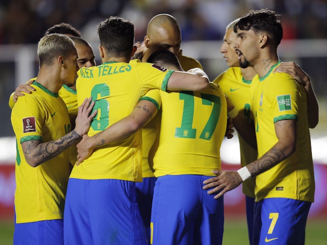 Brazil's Bruno Guimaraes celebrates scoring their third goal with teammates on March 30, 2022