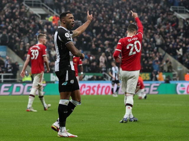 Newcastle United's Callum Wilson reacts after scoring their second goal which was later disallowed on November 27, 2021