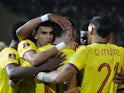 Colombia's James Rodriguez celebrates scoring their first goal with teammates on March 30, 2022
