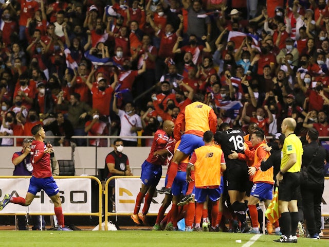 Costa Rica's Juan Vargas celebrates scoring their first goal with teammates on March 30, 2022
