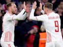 Denmark's Christian Eriksen celebrates scoring their third goal with Jacob Bruun Larsen  on March 29, 2022