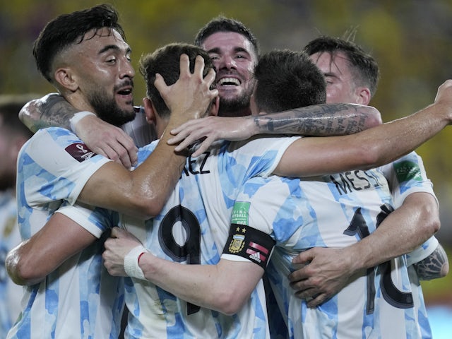 Argentina's Julian Alvarez celebrates scoring their first goal with teammates on March 30, 2022