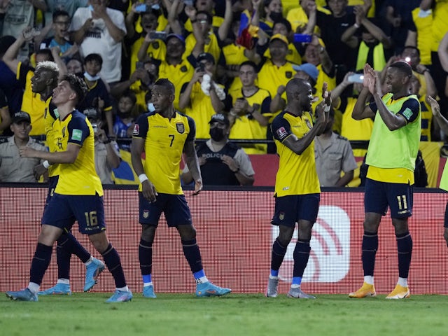 Ener Valencia of Ecuador celebrates scoring his first goal with teammates on March 30, 2022