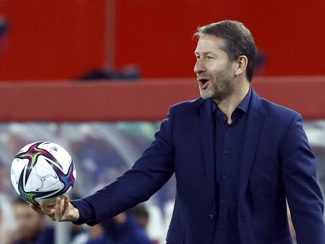 Austrian coach Franco Forda with the ball on 29 March 2022