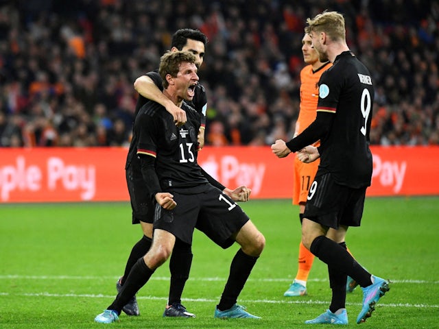 Germany's Thomas Muller celebrates scoring their first goal on March 29, 2022