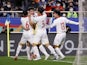 Vietnam's Nguyen Binh Thanh celebrates scoring their first goal with teammates on March 29, 2022