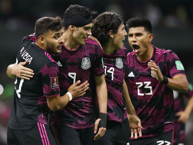 Mexico's Raul Jimenez celebrates scoring their second goal with teammates on March 30, 2022