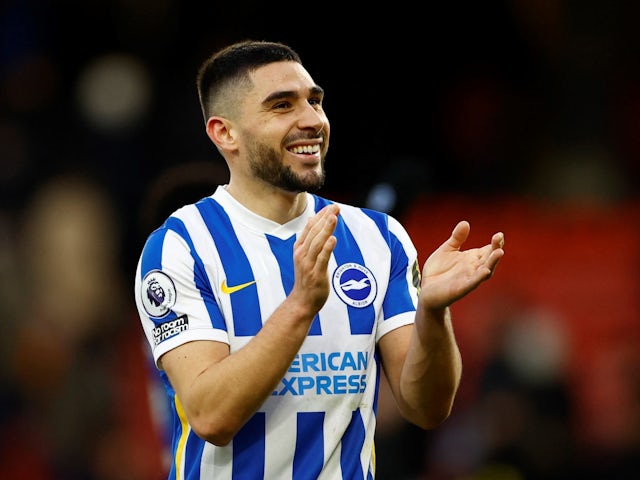 Brighton & Hove Albion's Neal Maupay celebrates after the match on February 12, 2022