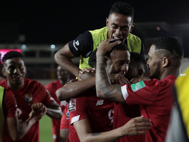 Panama's Gabriel Torres celebrates scoring their first goal with teammates on March 30, 2022