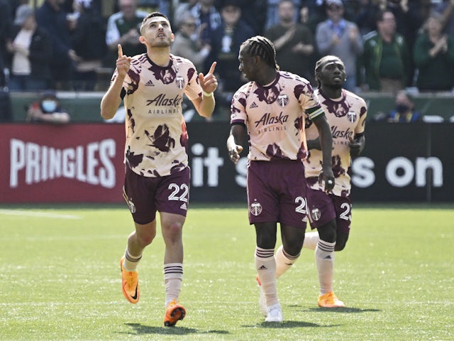 Portland Timbers midfielder Cristhian Paredes (22) celebrates scoring a goal off a penalty kick during the second half against Orlando City at Providence Park on March 27, 2022