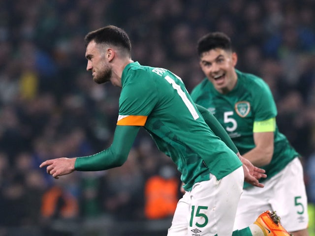 Republic of Ireland's Troy Parrott celebrates scoring their first goal on March 29, 2022