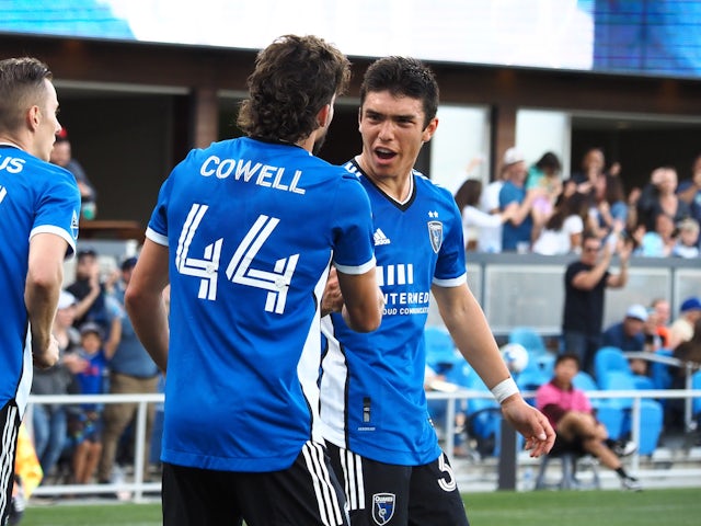 San Jose Earthquakes forward Cade Cowell (44) celebrates with midfielder Nico Tsakiris (30) after scoring a goal against Austin FC in the second half at Paypal Park on April 3, 2022. increase.