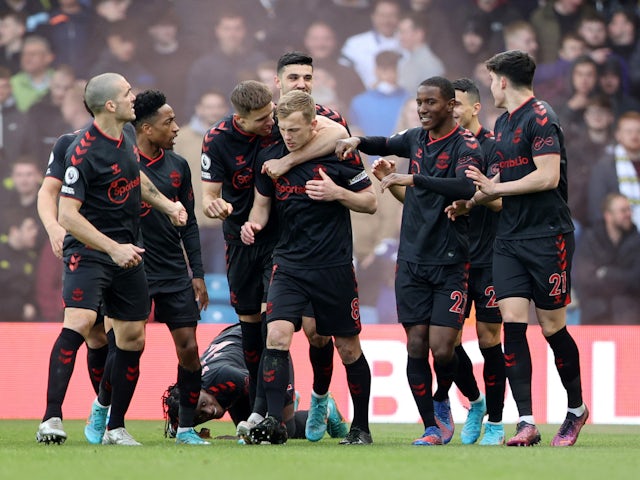 Southampton's James Ward-Prowse celebrates scoring their first goal with teammates on April 2, 2022
