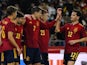 Spain's Alvaro Morata celebrates scoring a goal with teammates on March 29, 2022
