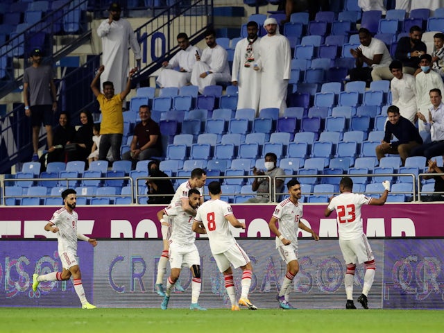 Harib Abdalla Suhail of United Arab Emirates celebrates scoring his first goal with his teammates on March 29, 2022