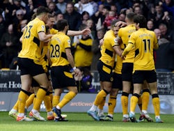 Wolverhampton Wanderers' Jonny celebrates scoring their first goal with teammates on April 2, 2022
