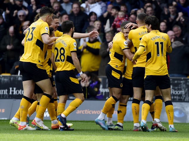 Wolverhampton Wanderers' Jonny celebrates scoring their first goal with teammates on April 2, 2022