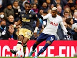 Newcastle United's Allan Saint-Maximin in action with Tottenham Hotspur's Emerson Royal on April 3, 2022