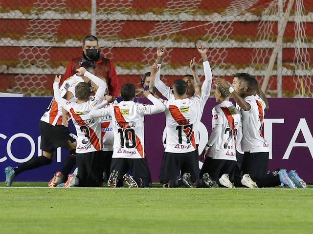 Always Ready's Marcos Riquelme celebrates scoring their first goal with teammates on April 5, 2022