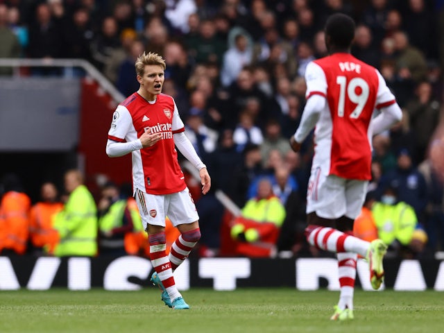 Arsenal's Martin Odegaard celebrates scoring their first goal on April 9, 2022