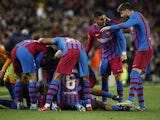 Barcelona's Pedri celebrates scoring their first goal with teammates on April 3, 2022