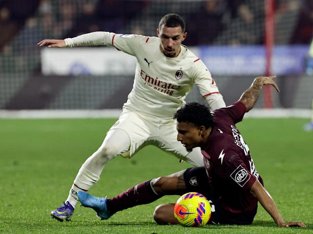 Salernitana's Ederson in action with AC Milan's Ismael Bennacer in February 2022