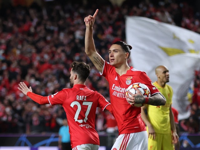 Benfica's Darwin Nunez celebrates scoring their first goal on April 5, 2022