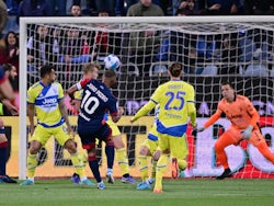 Cagliari's Joao Pedro scores their first goal on April 9, 2022
