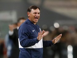 Alianza Lima coach Carlos Bustos reacts on April 6, 2022