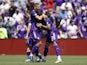 Orlando City forward Ercan Kara (9) celebrates with Orlando City forward Alexandre Pato (7) after an assists goal in the second half against the Chicago Fire at Orlando City Stadium on April 9, 2022