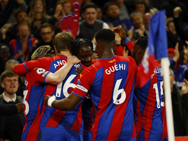 Crystal Palace's Jean-Philippe Mateta celebrates scoring their first goal with teammates on April 4, 2022