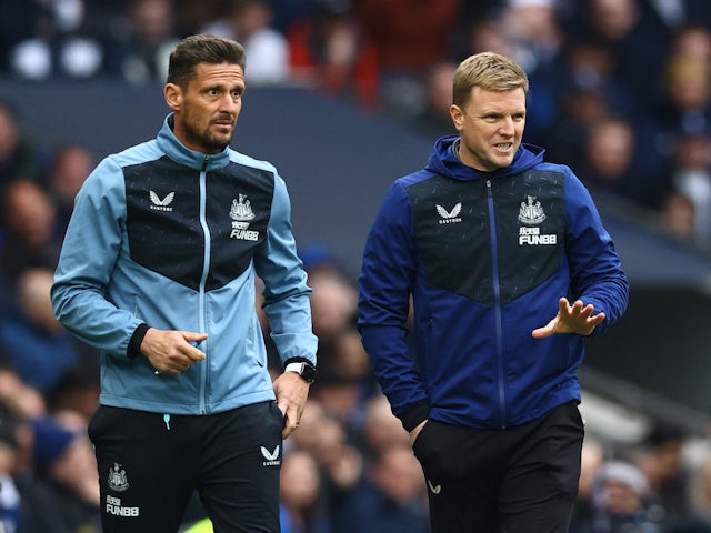 Newcastle United manager Eddie Howe and assistant head coach Jason Tindall on April 3, 2022