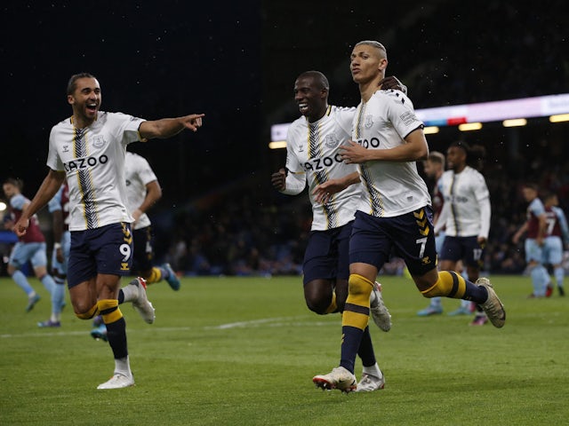Everton's Richarlison celebrates scoring their first goal with teammates on April 6, 2022