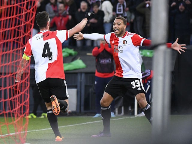 Feyenoord's Marcos Senesi celebrates scoring their second goal with Cyriel Dessers on April 7, 2022