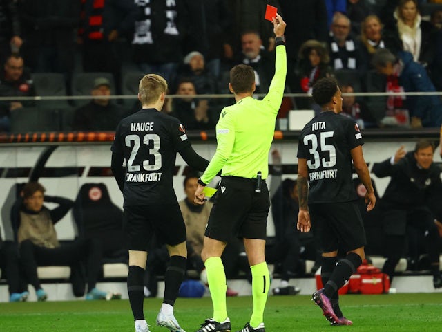 Eintracht Frankfurt's Tuta is shown a red card by referee Srdjan Jovanovic on April 7, 2022